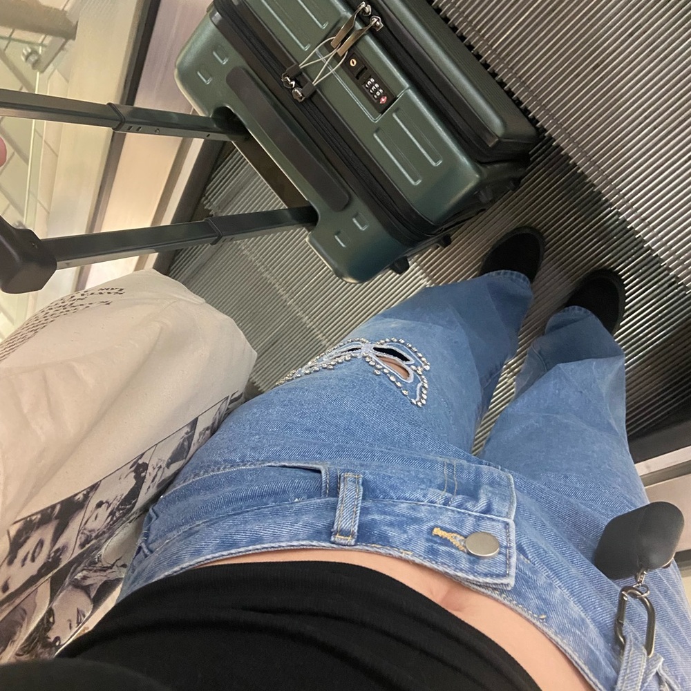 Cider Distressed Blue wide leg jeans with bedazzled butterfly cutout